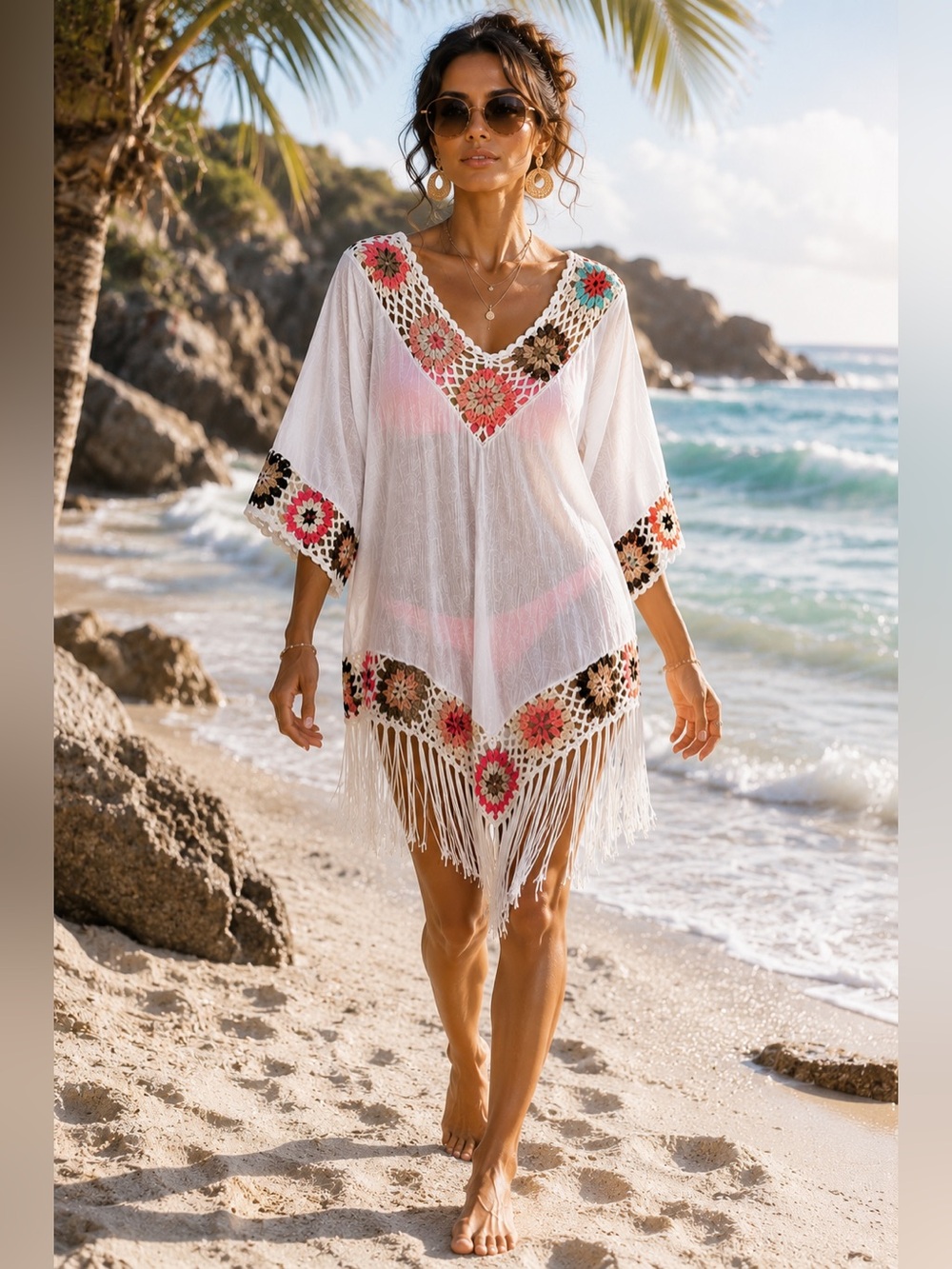 Boho Granny Square Crochet Fringe White Semi Sheer Cover Up Poncho O/S Resort
